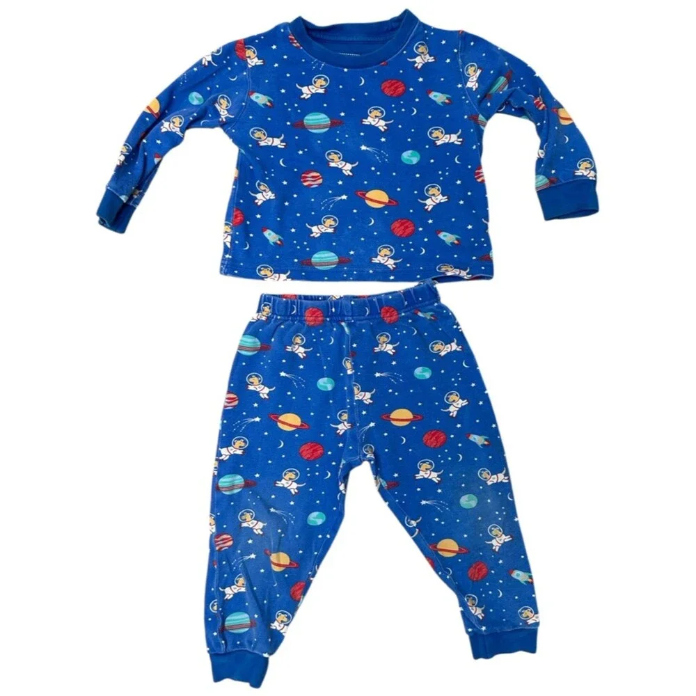 JoJo Maman Bebe Pajama Set Long Sleeve Blue Space Astronaut 100% Cotton 2-3 year